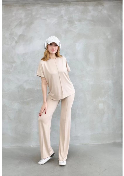 Osy Modal Yumuşak Dokulu Kumaş Bisiklet Yaka Kısa Kollu Takım - Bej