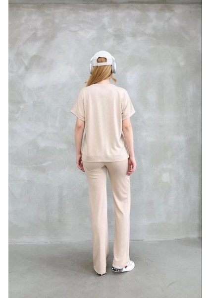 Osy Modal Yumuşak Dokulu Kumaş Bisiklet Yaka Kısa Kollu Takım - Bej modelleri