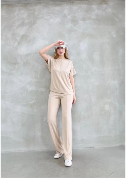 Osy Modal Yumuşak Dokulu Kumaş Bisiklet Yaka Kısa Kollu Takım - Bej fırsatları