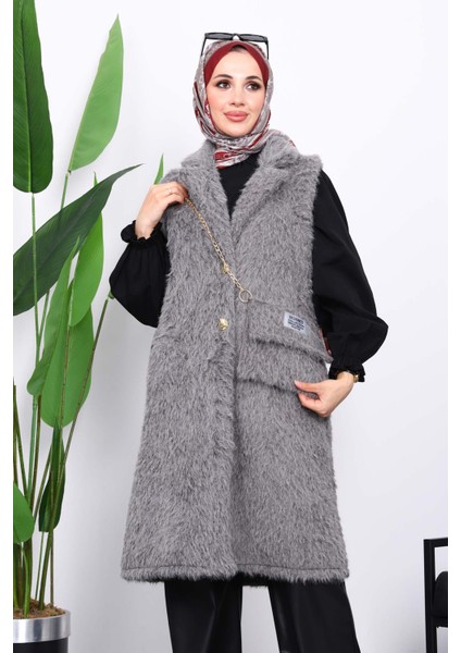 Füme Çanta Hadiyeli Angora Pelüş Kürk Yelek modelleri