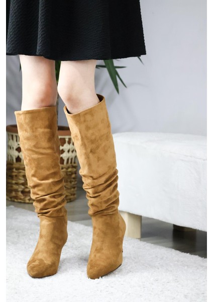 Kadın Oslo Topuklu Büzgülü Şık Tarz Günlük Rahat Çizme Taba modelleri