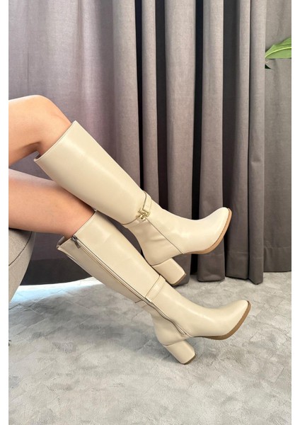 Kadın Lara Yandan Fermuarlı Diz Altı Çizme Krem