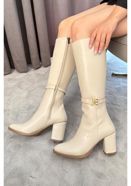 Kadın Lara Yandan Fermuarlı Diz Altı Çizme Krem fiyatları