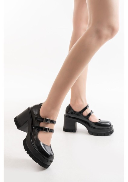 Kadın Samba Iki Baletli 8 cm Topuklu Platformlu Ayakkabı Siyah Rugan