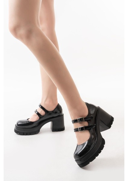 Kadın Samba Iki Baletli 8 cm Topuklu Platformlu Ayakkabı Siyah Rugan fırsatları