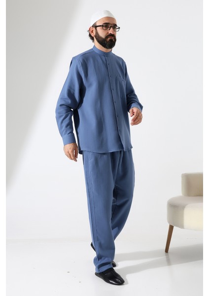 Erkek Müslin Hakim Yaka Cepli Gömlek Pantolon Ikili Takım, Hac Umre Kıyafeti - Mavi (Ans) fiyatları