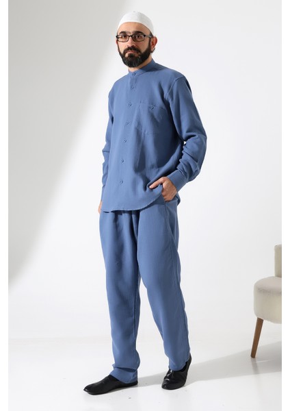 Erkek Müslin Hakim Yaka Cepli Gömlek Pantolon Ikili Takım, Hac Umre Kıyafeti - Mavi (Ans) modelleri