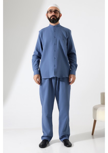 Erkek Müslin Hakim Yaka Cepli Gömlek Pantolon Ikili Takım, Hac Umre Kıyafeti - Mavi (Ans) fırsatları