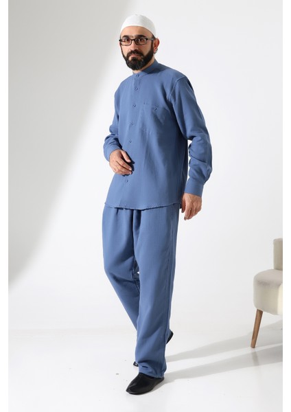 Erkek Müslin Hakim Yaka Cepli Gömlek Pantolon Ikili Takım, Hac Umre Kıyafeti - Mavi (Ans) indirimleri
