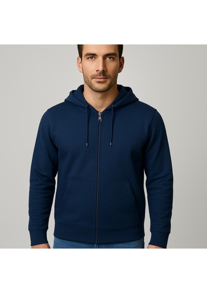 Erkek Fermuarlı Lacivert Kapüşonlu SWEATSHIRT-W1084