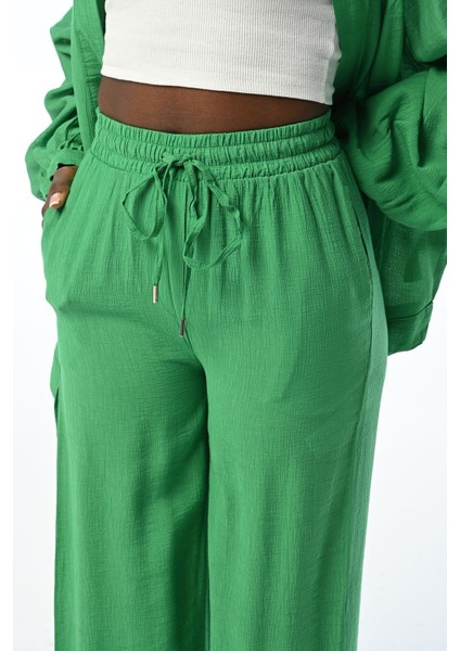 Kadın Rahat Kalıp Bol Paça Beli Lastikli Düz Renk Pantolon modelleri