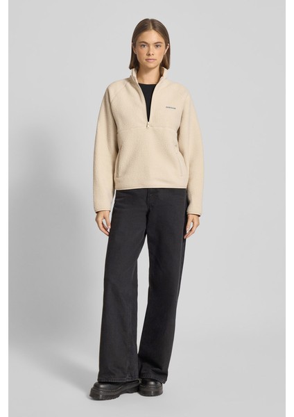 Kadın Regular Fit Yarım Fermuarlı Dik Yaka Polar Sweatshirt - Ekru fırsatları