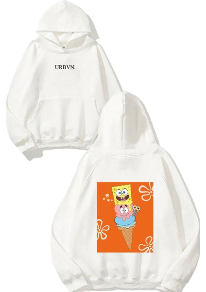 Sponge Cream Tasarım Baskılı Oversize Beyaz Kapüşonlu Sweatshirt