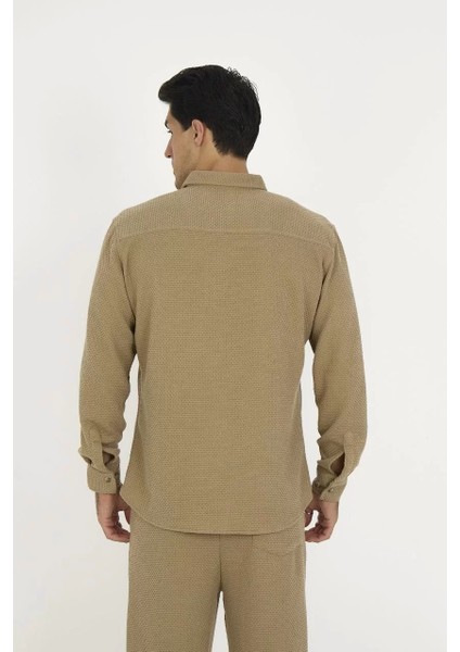 Düğmeli Tam Kalıp Uzun Kol Jakar Gömlek - Kahverengi modelleri
