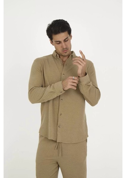 Düğmeli Tam Kalıp Uzun Kol Jakar Gömlek - Kahverengi fırsatları