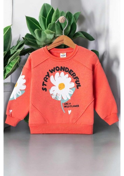 Papatya Baskılı Kız Çocuk 3iplik Şardonlu Kalın Sweatshirt Tek Üst Kışlık Eşofman 1-2-3-4yaş