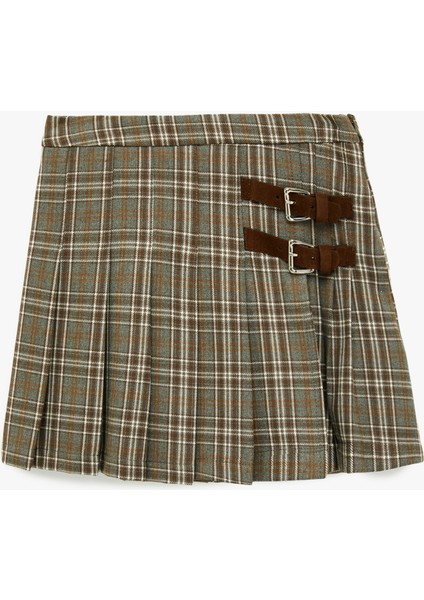 Beli Ayarlanabilir Lastikli Kemer Detaylı Pileli Ekoseli Etek