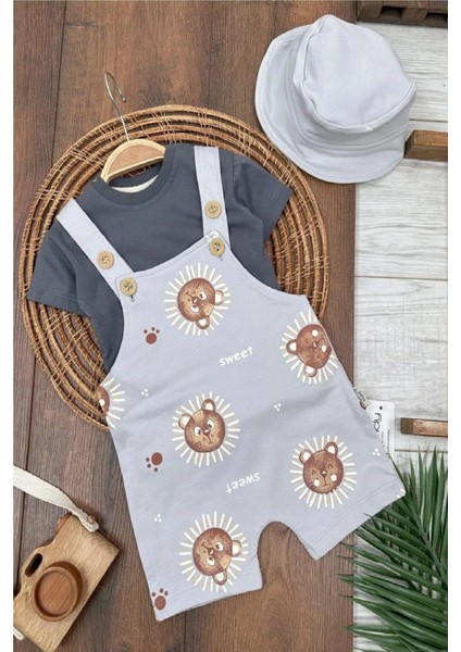 Ayıcık Baskılı Safari Şapkalı Omuzdan Çıtçıtlı Badi Yazlık Erkek Bebek Salopet Takım
