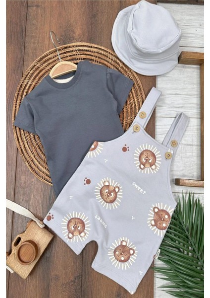 Ayıcık Baskılı Safari Şapkalı Omuzdan Çıtçıtlı Badi Yazlık Erkek Bebek Salopet Takım fiyatları