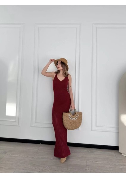 Örgülü Uzun Triko Elbise - Bordo