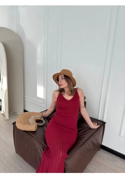 Örgülü Uzun Triko Elbise - Bordo fiyatları
