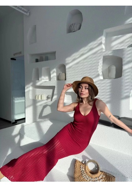 Örgülü Uzun Triko Elbise - Bordo fırsatları