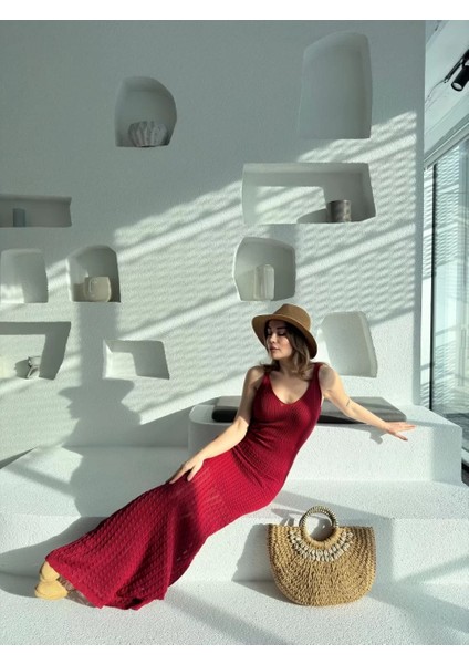 Örgülü Uzun Triko Elbise - Bordo indirimleri