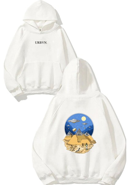 Space Pyramid Tasarım Baskılı Oversize Beyaz Kapüşonlu Sweatshirt