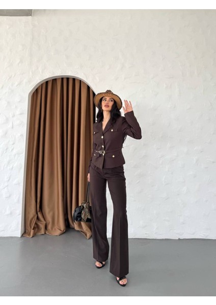 Kadın Kemerli Gold Düğmeli Ceket Palazzo Pantolon Takım Elbise