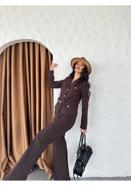 Kadın Kemerli Gold Düğmeli Ceket Palazzo Pantolon Takım Elbise fiyatları