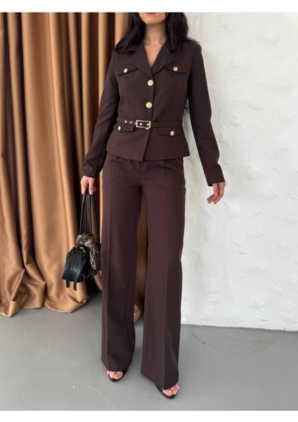 Kadın Kemerli Gold Düğmeli Ceket Palazzo Pantolon Takım Elbise