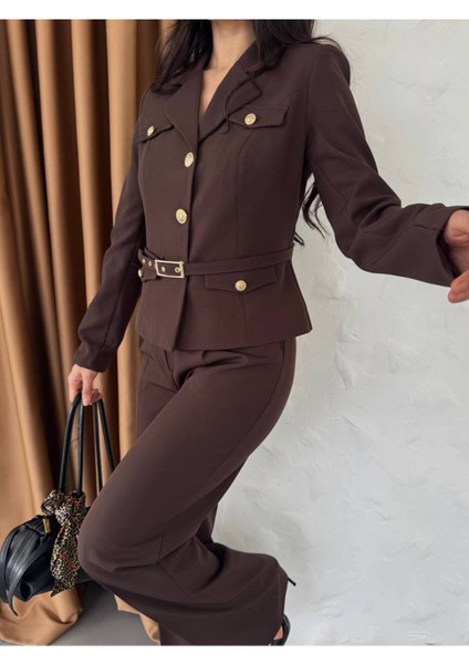 Kadın Kemerli Gold Düğmeli Ceket Palazzo Pantolon Takım Elbise