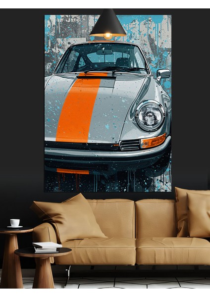 Turuncu Şeritli Yarış Arabası Otomobil Dekoratif Kanvas - Mdf Ahşap Tablo fiyatları