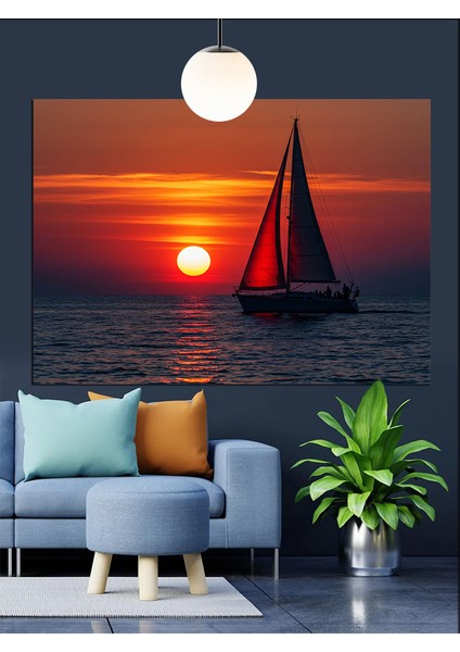 Kırmızı Yelkenli Günbatımı Dekoratif Kanvas - Mdf Ahşap Tablo