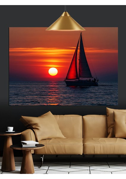 Kırmızı Yelkenli Günbatımı Dekoratif Kanvas - Mdf Ahşap Tablo fiyatları