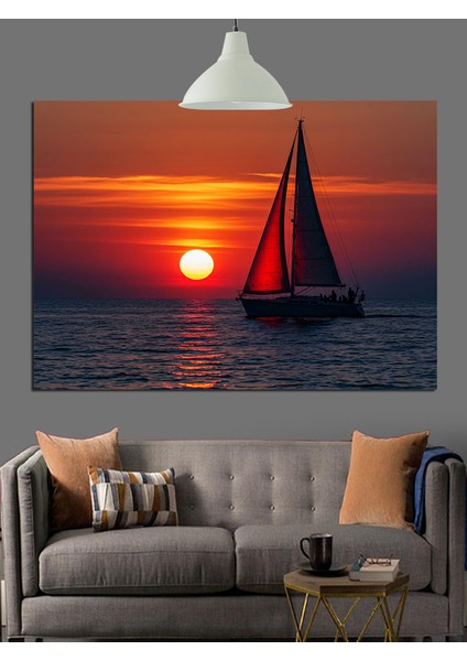 Kırmızı Yelkenli Günbatımı Dekoratif Kanvas - Mdf Ahşap Tablo fırsatları