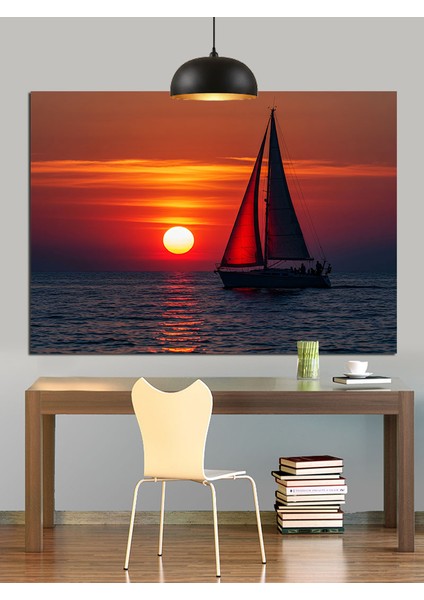 Kırmızı Yelkenli Günbatımı Dekoratif Kanvas - Mdf Ahşap Tablo indirimleri