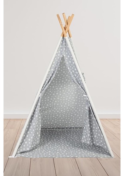 Lemoon Çocuk Kızılderili Ahşap Direkli Geniş Oyun Çadırı ve Minderli Ev & Bahçe Oyun Alanı Minderli Çocuk Araç Gereçleri (Gri)