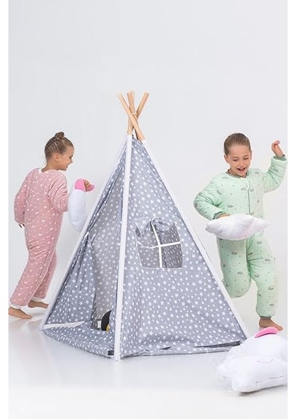 Lemoon Çocuk Kızılderili Ahşap Direkli Geniş Oyun Çadırı ve Minderli Ev & Bahçe Oyun Alanı Minderli Çocuk Araç Gereçleri (Gri) fiyatları