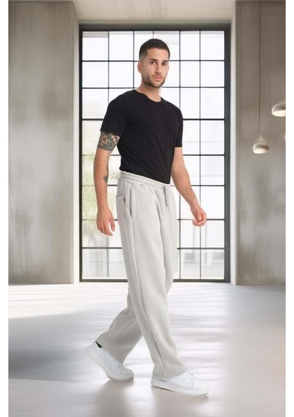 Baggy Kalıp 3 İplik Şardonlu Erkek Eşofman Altı - Açık Gri