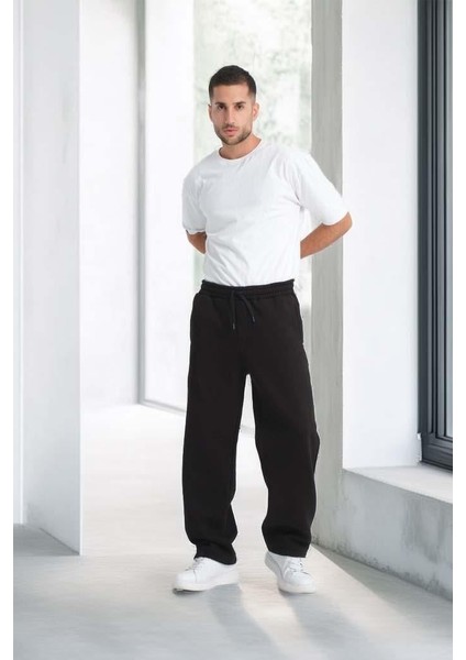 Baggy Kalıp 3 İplik Şardonlu Erkek Eşofman Altı - Siyah