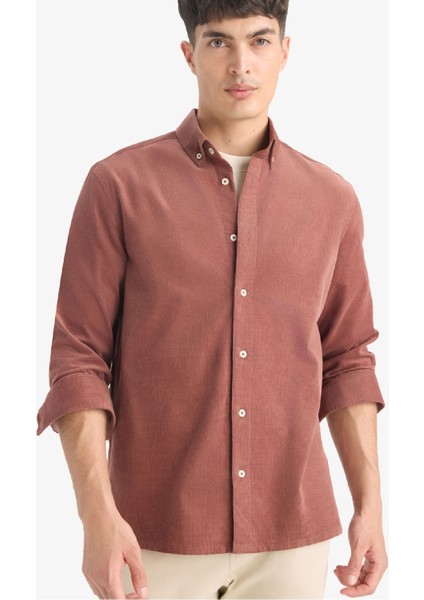 Regular Fit Polo Yaka Fitilli Kadife Uzun Kollu Gömlek E9024AX25WN