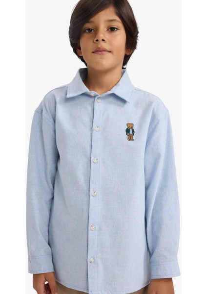 Erkek Çocuk Oversize Geniş Kalıp Ayı Nakışlı Polo Yaka Flanel Uzun Kollu Gömlek F3995A825WN