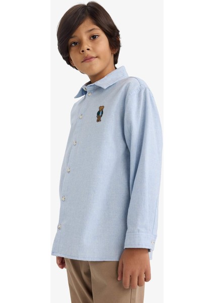 Erkek Çocuk Oversize Geniş Kalıp Ayı Nakışlı Polo Yaka Flanel Uzun Kollu Gömlek F3995A825WN modelleri