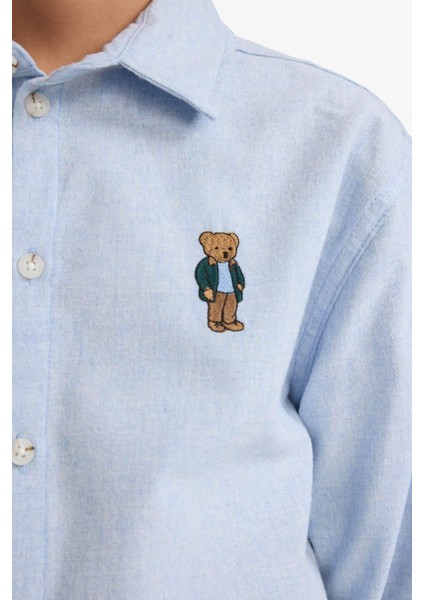 Erkek Çocuk Oversize Geniş Kalıp Ayı Nakışlı Polo Yaka Flanel Uzun Kollu Gömlek F3995A825WN fırsatları