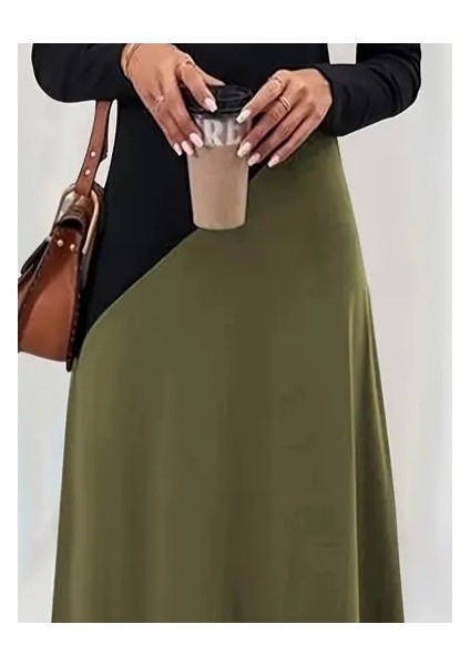 Kadın Uzun Kollu V Yakalı Blok Desenli Viskon Elbise fiyatları