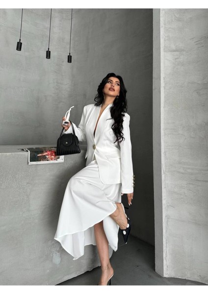 Kadın Gold Kurabiye Düğmeli Blazer Ceket Etek Takım Elbise indirimleri