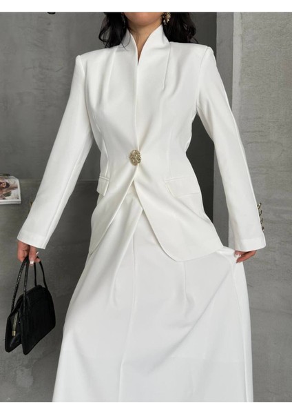 Kadın Gold Kurabiye Düğmeli Blazer Ceket Etek Takım Elbise