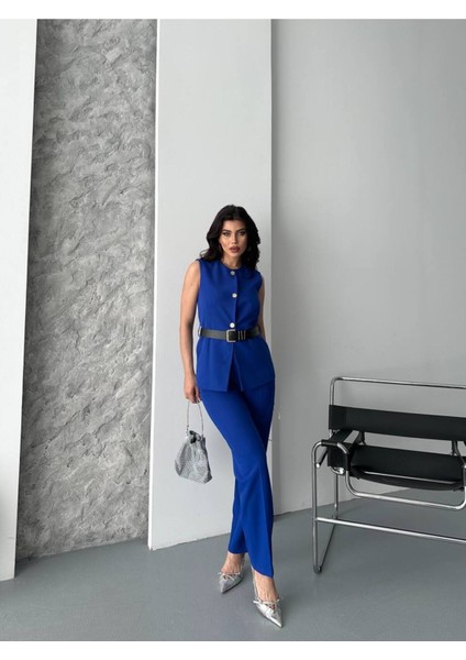 Kadın Kemerli Yelek Palazzo Pantolon Ikili Takım Elbise