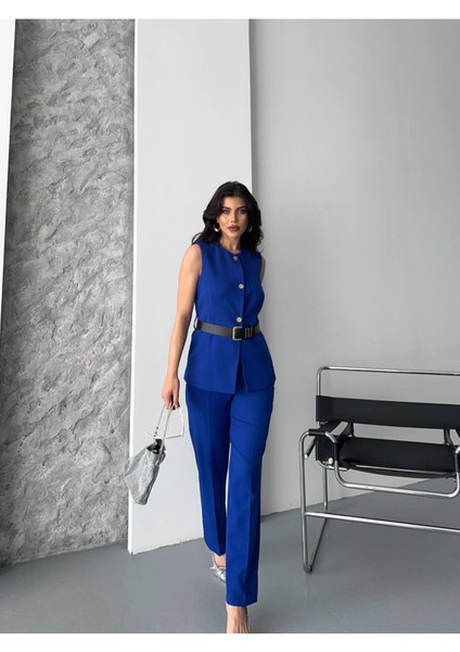 Kadın Kemerli Yelek Palazzo Pantolon Ikili Takım Elbise fiyatları